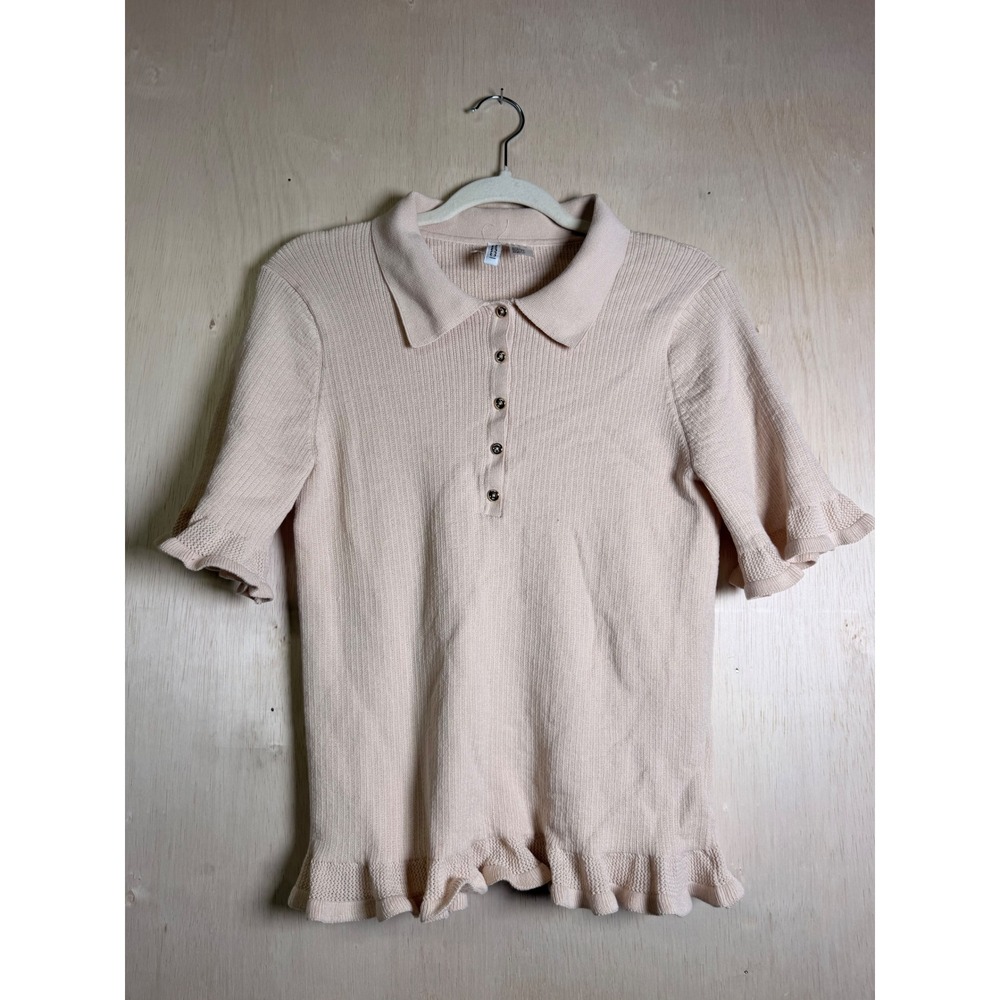 H&M Divided Knit Polo Shirt Womens XL Pink Excellent Ruffle Trim Ribbed Top